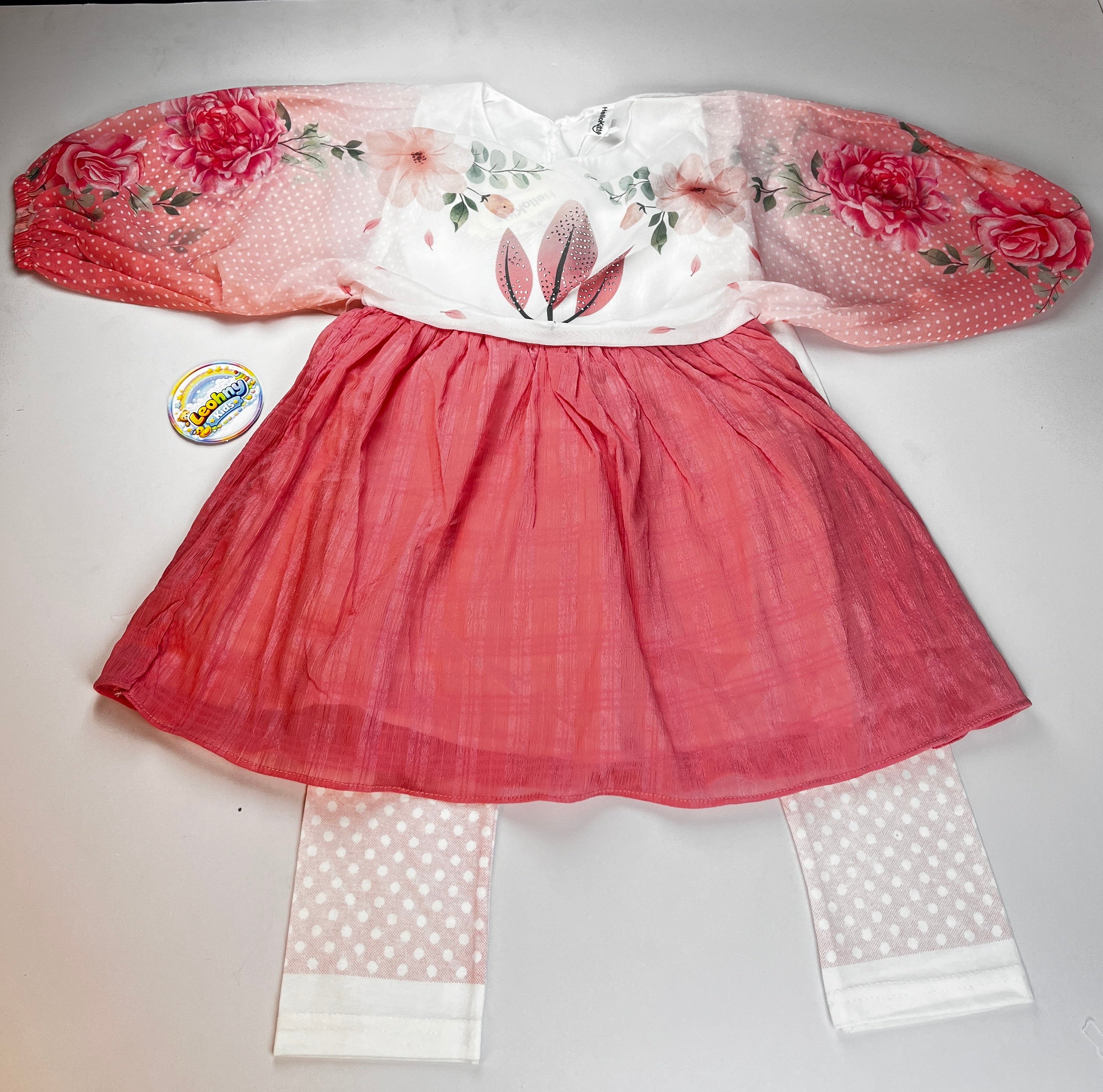 Girls Floral 3-Piece Dress Set – Peach & White Frock with Polka Dot Leggings