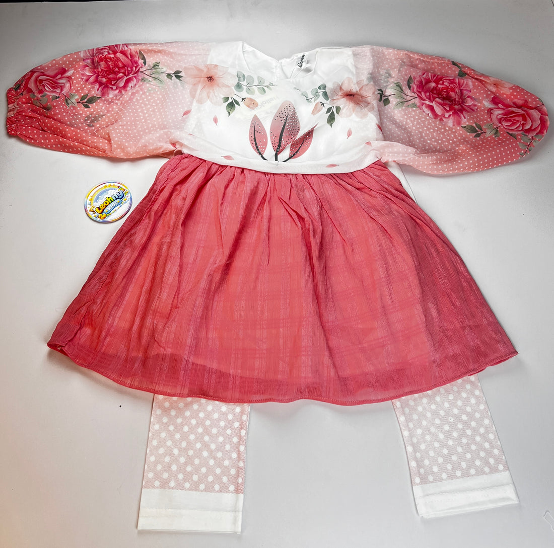 Girls Floral 3-Piece Dress Set – Peach & White Frock with Polka Dot Leggings