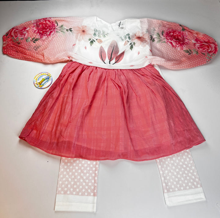 Girls Floral 3-Piece Dress Set – Peach & White Frock with Polka Dot Leggings
