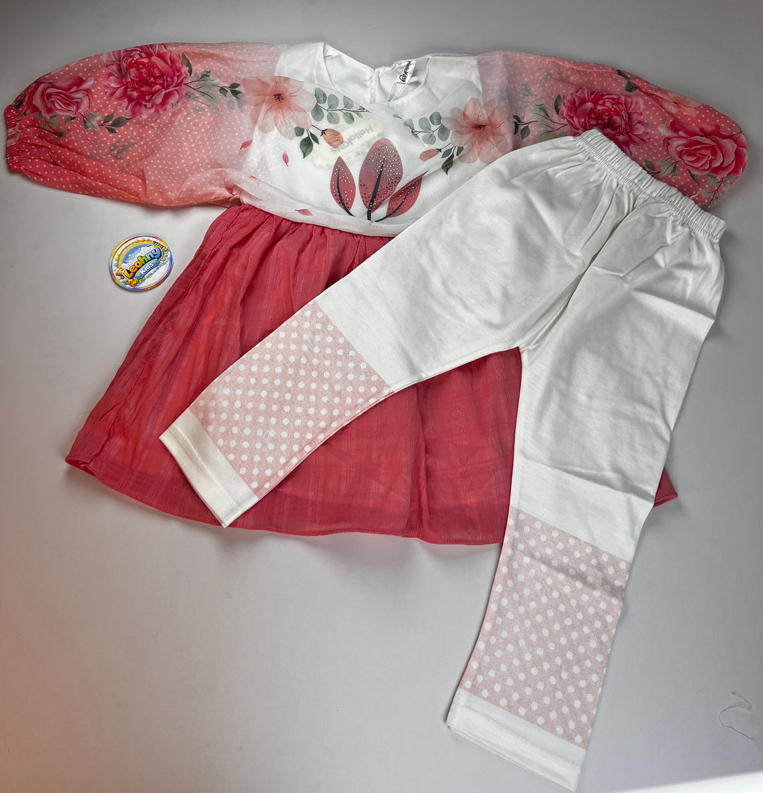 Girls Floral 3-Piece Dress Set – Peach & White Frock with Polka Dot Leggings