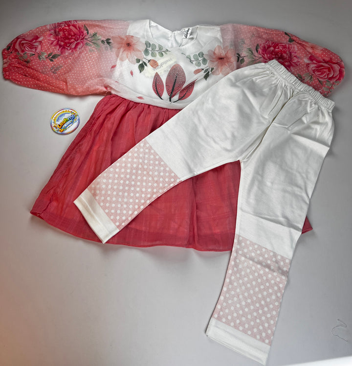 Girls Floral 3-Piece Dress Set – Peach & White Frock with Polka Dot Leggings