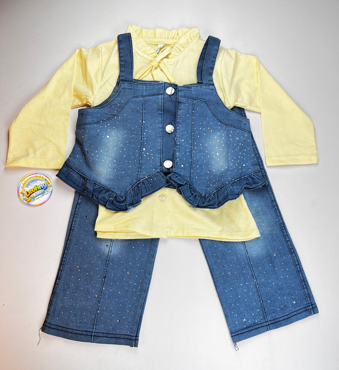 Girls 3-Piece Denim Style Outfit – Pink Inner Shirt with Blue Denim Top & Pants