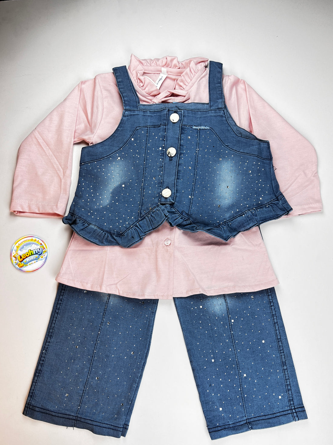 Girls 3-Piece Denim Style Outfit – Pink Inner Shirt with Blue Denim Top & Pants