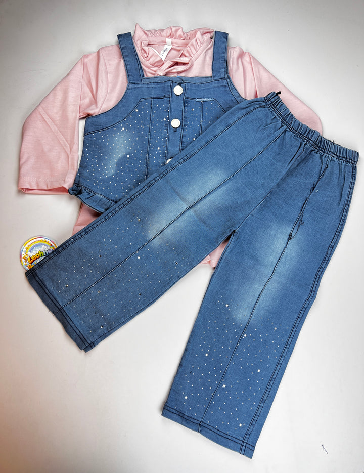 Girls 3-Piece Denim Style Outfit – Pink Inner Shirt with Blue Denim Top & Pants