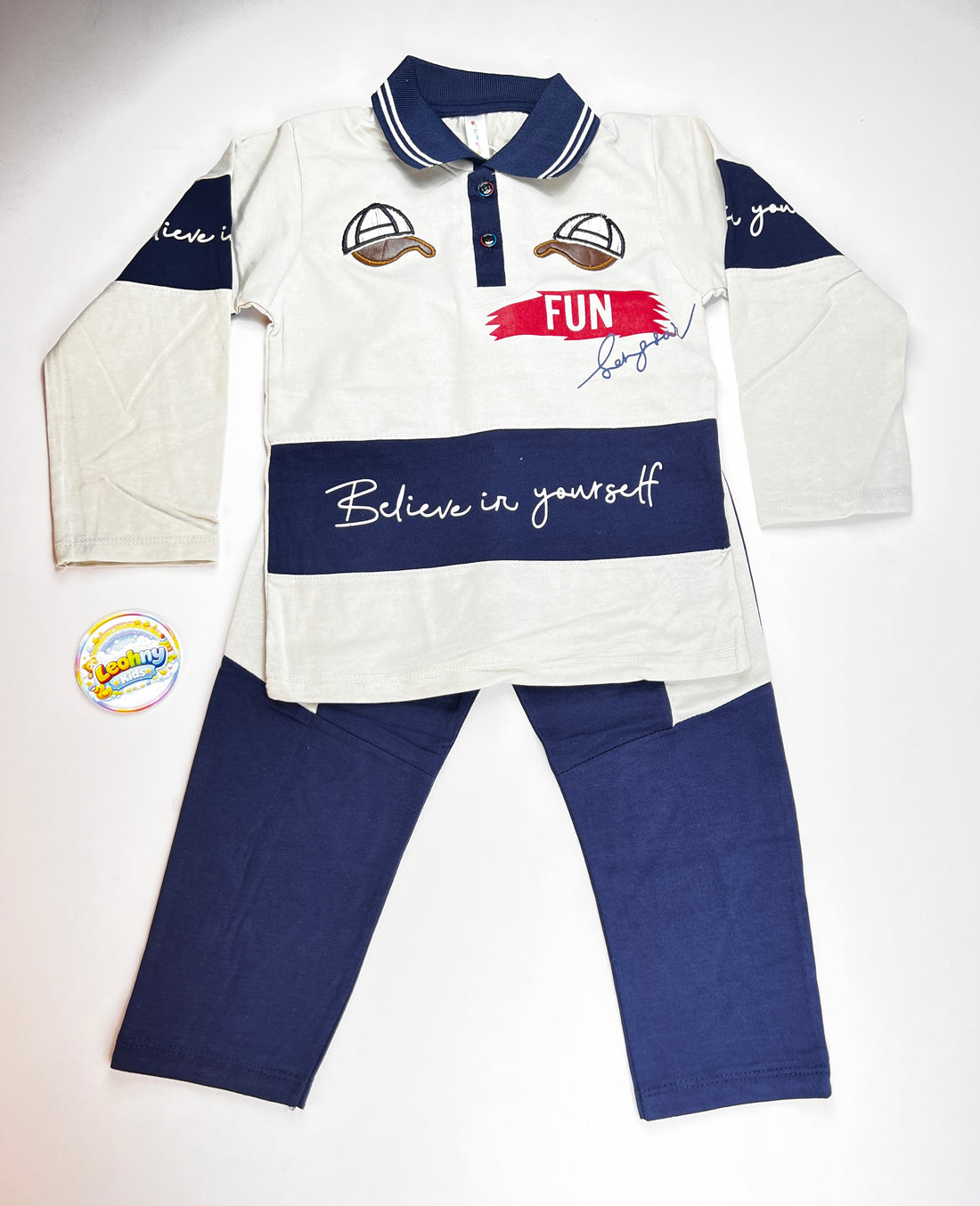 "Believe in Yourself" 2-Piece Polo Jogger Set – White & Royal Blue