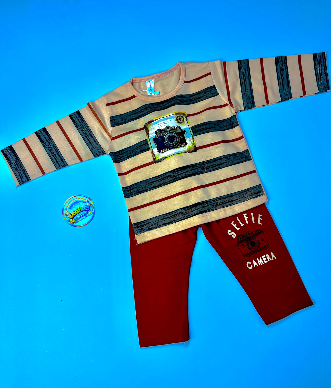Selfie Camera Graphic Boys' 2-Piece Set – Long-Sleeve Striped Top & Joggers