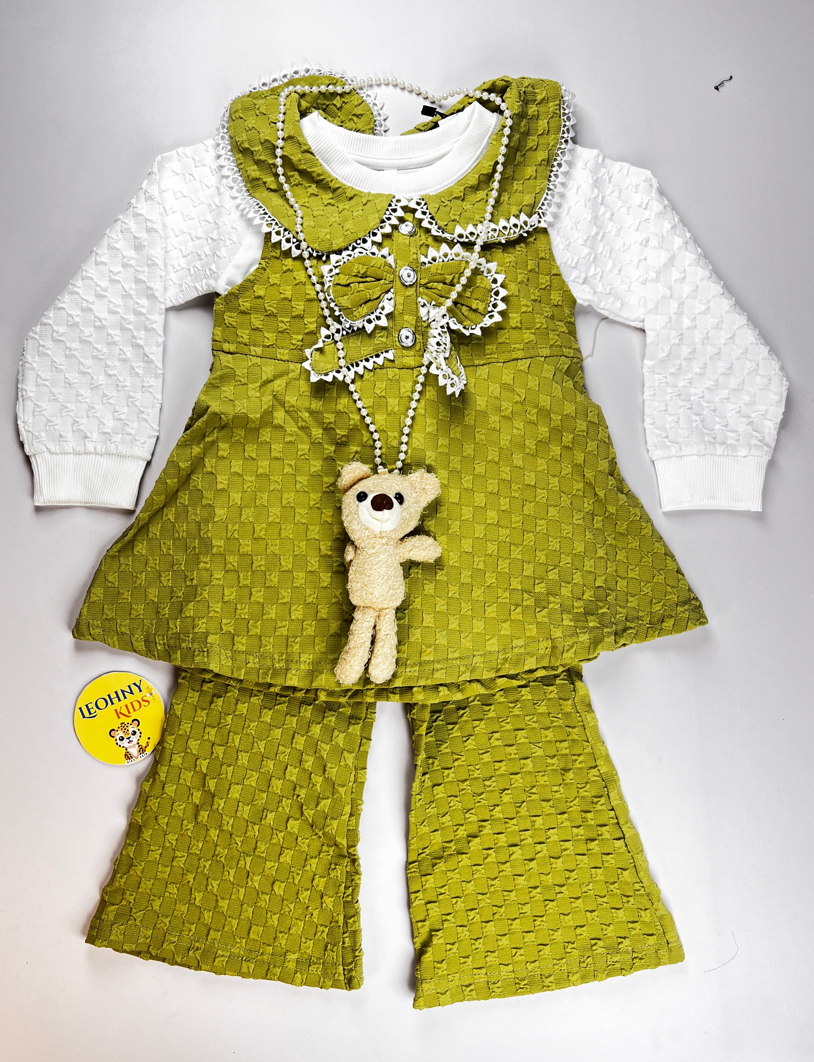 3-Piece Textured Pinafore Set – Elegant Ruffle Dress & Bell-Bottom Leggings