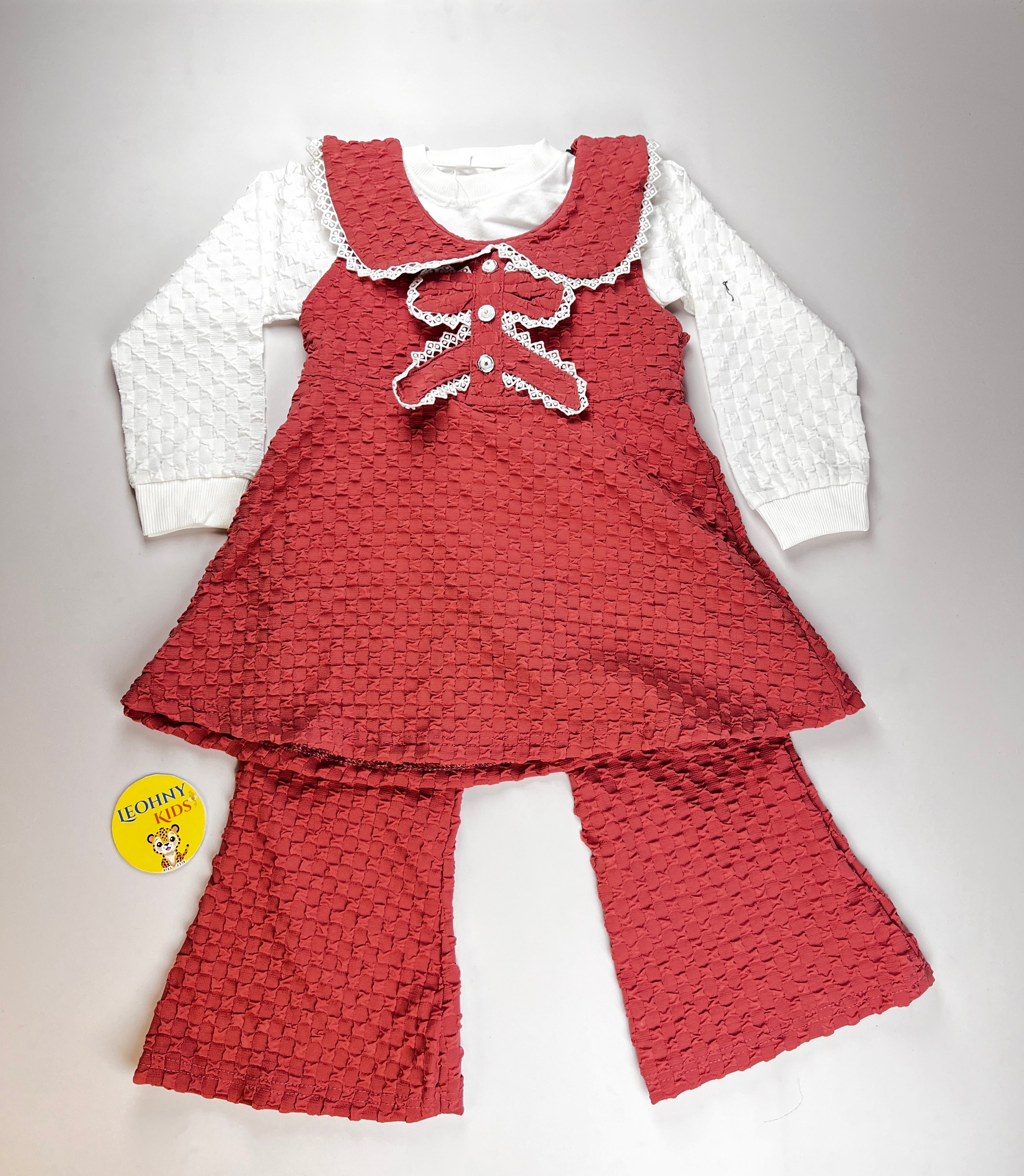 3-Piece Textured Pinafore Set – Elegant Ruffle Dress & Bell-Bottom Leggings