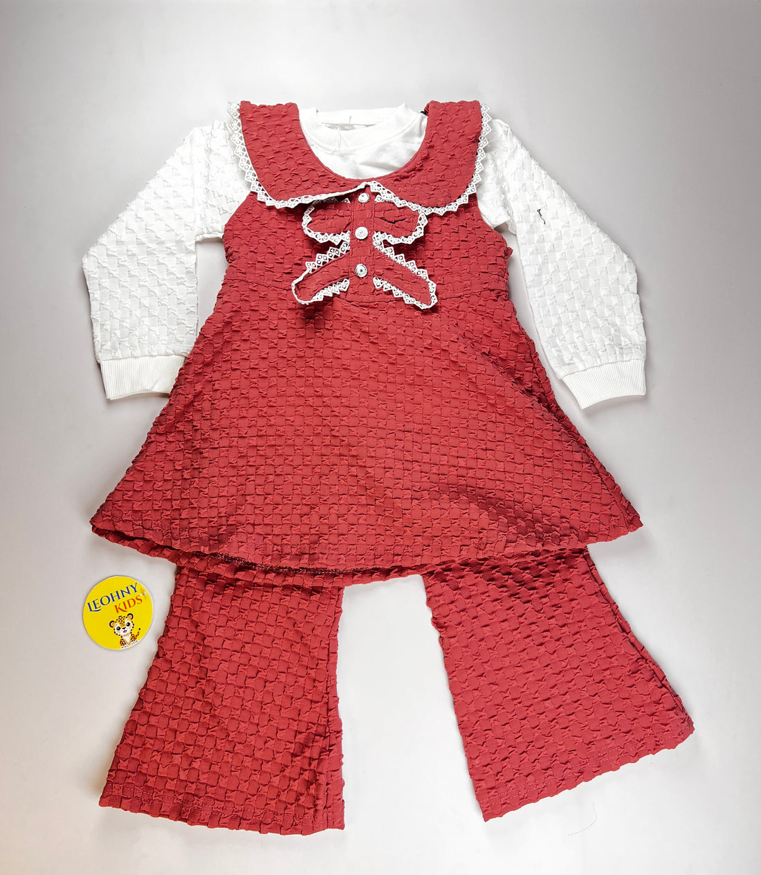 3-Piece Textured Pinafore Set – Elegant Ruffle Dress & Bell-Bottom Leggings