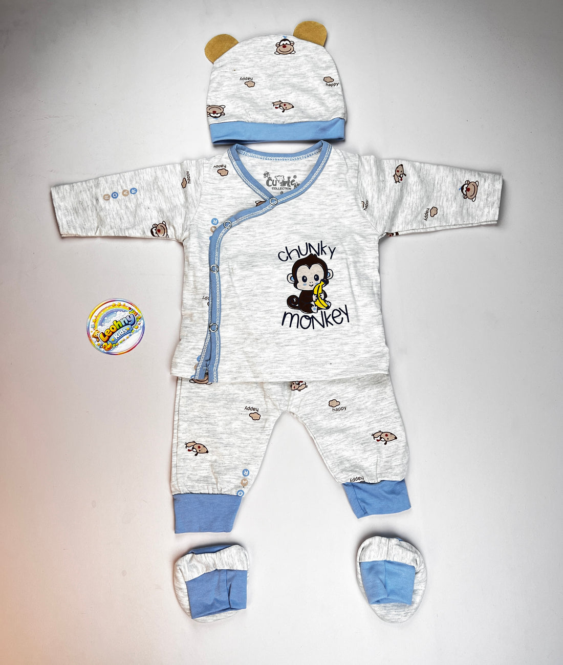 Chunky Monkey 4-Piece Baby Set – Soft Cotton Wrap Top, Joggers, Cap & Booties