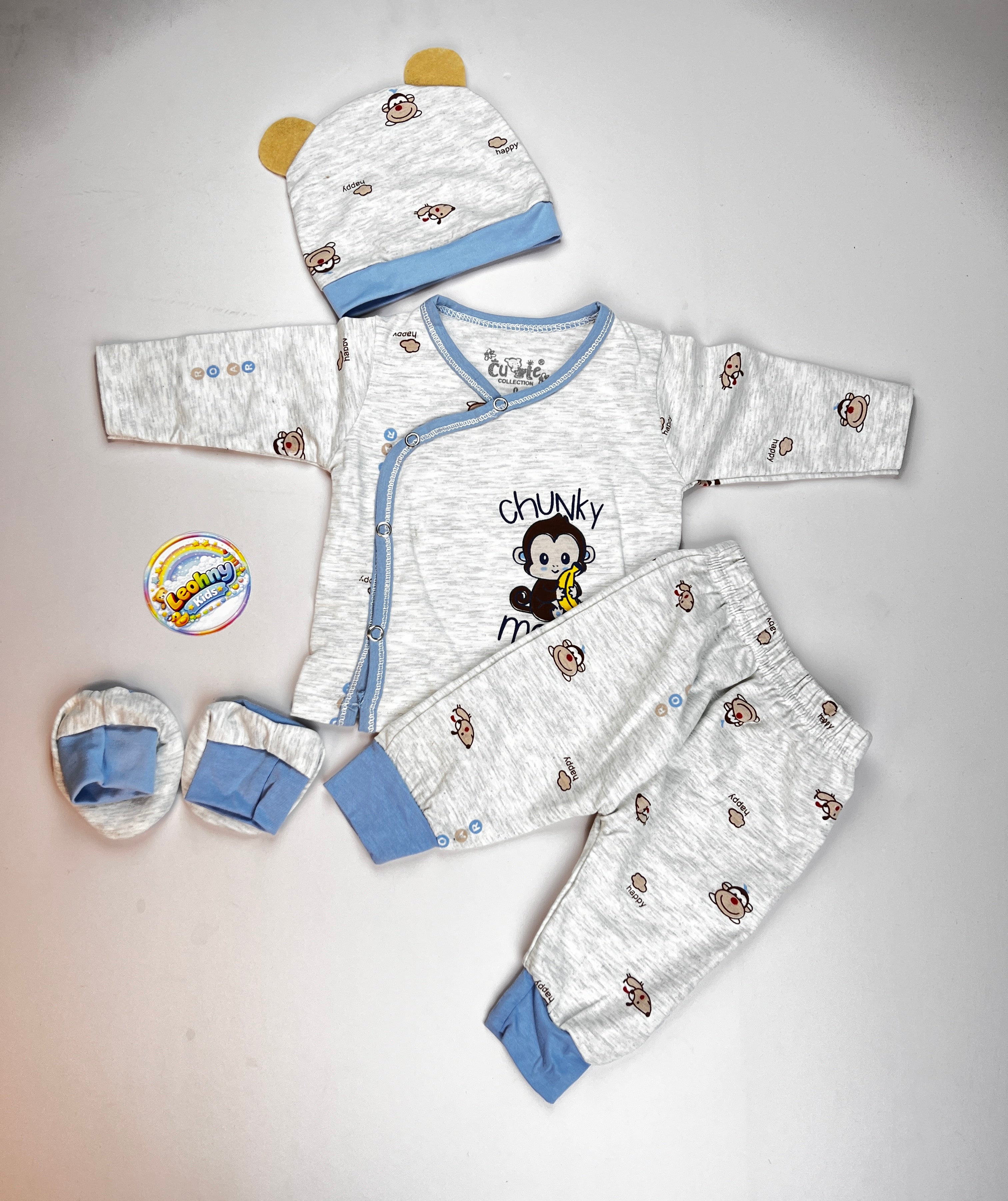 Chunky Monkey 4-Piece Baby Set – Soft Cotton Wrap Top, Joggers, Cap & Booties