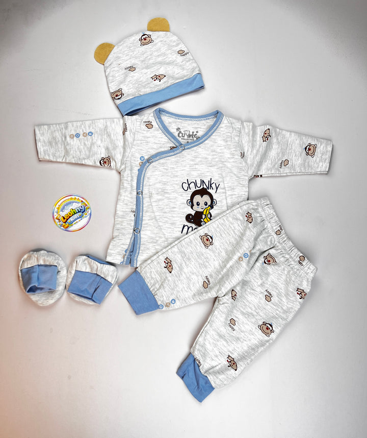 Chunky Monkey 4-Piece Baby Set – Soft Cotton Wrap Top, Joggers, Cap & Booties