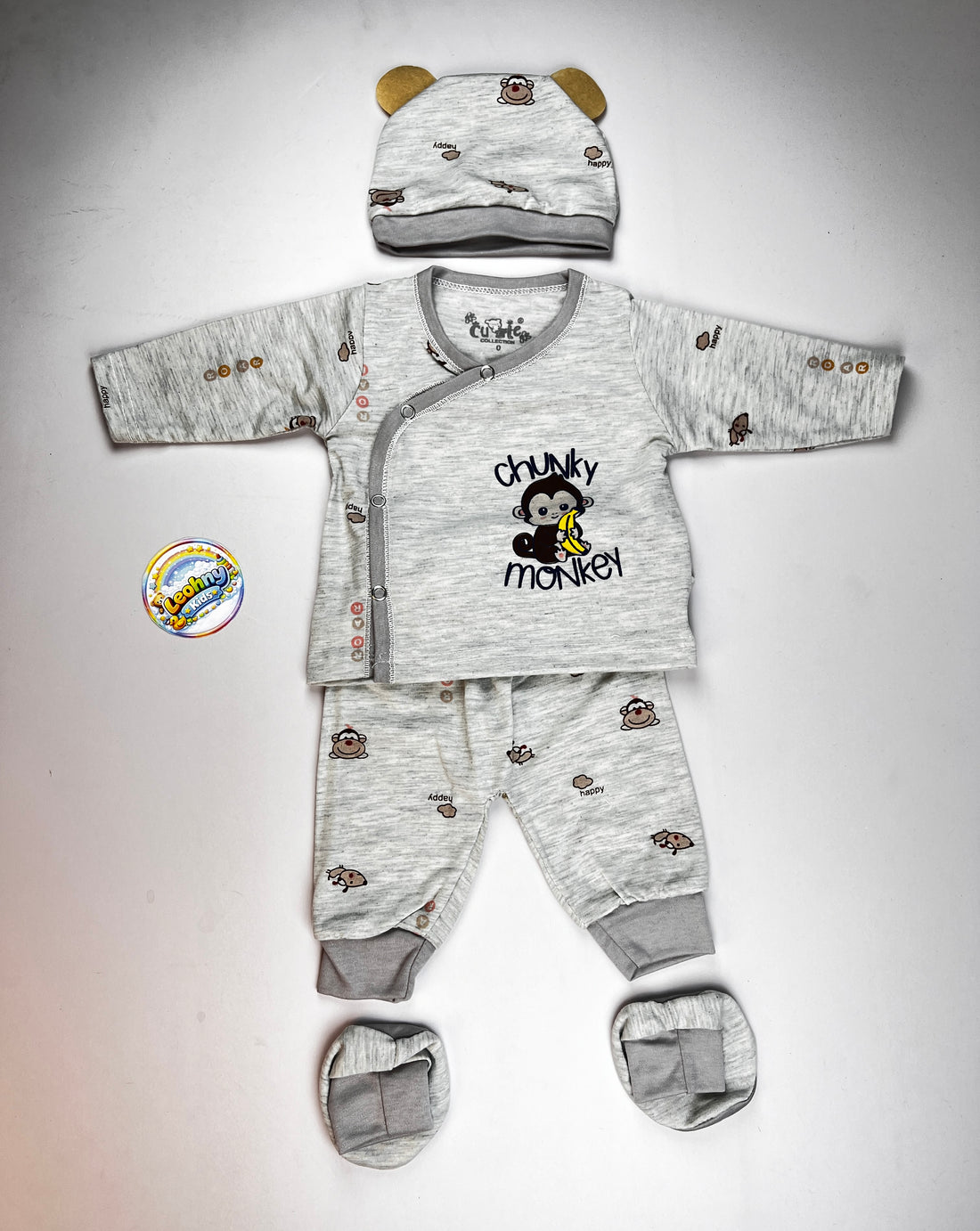 Chunky Monkey 4-Piece Baby Set – Soft Cotton Wrap Top, Joggers, Cap & Booties