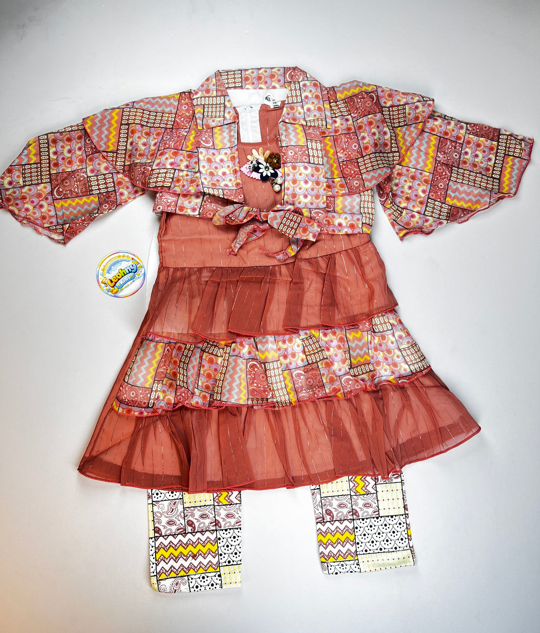 3-Piece Ruffle Tiered Dress Set – Elegant Patterned Party Wear for Girls