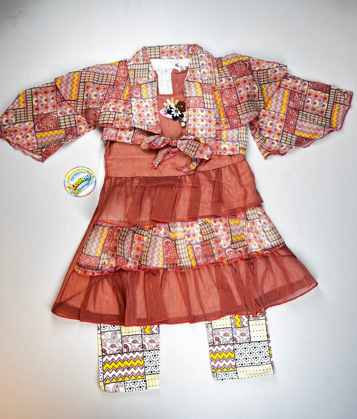 3-Piece Ruffle Tiered Dress Set – Elegant Patterned Party Wear for Girls