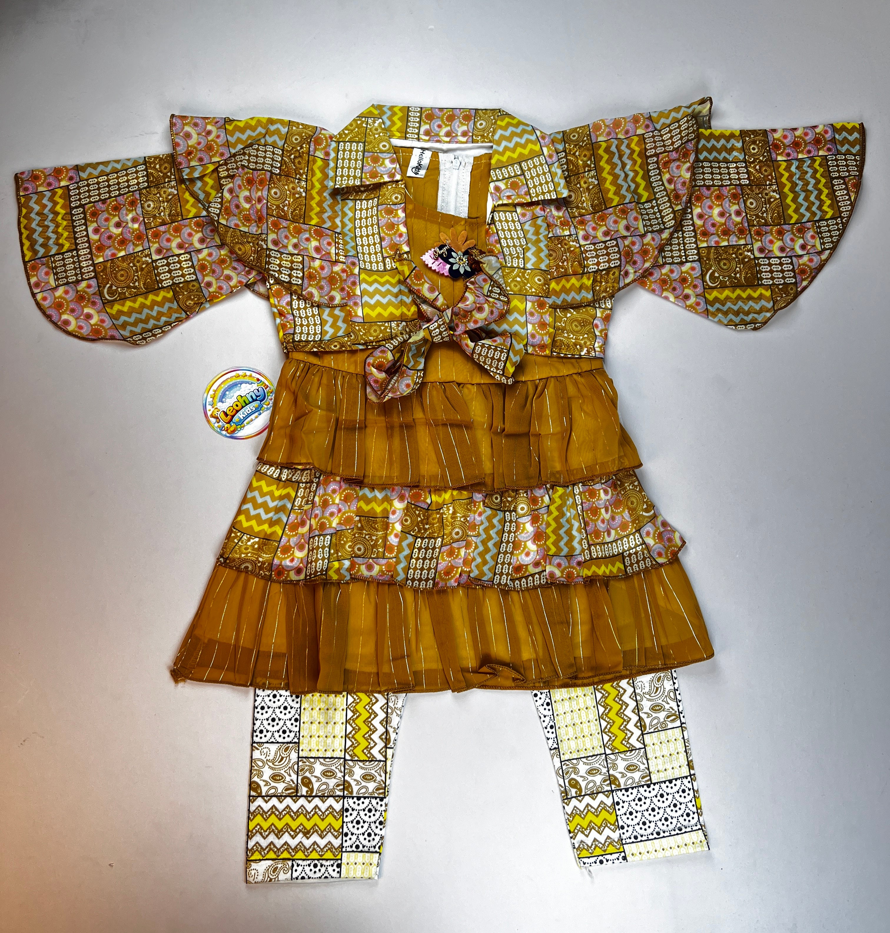 3-Piece Ruffle Tiered Dress Set – Elegant Patterned Party Wear for Girls