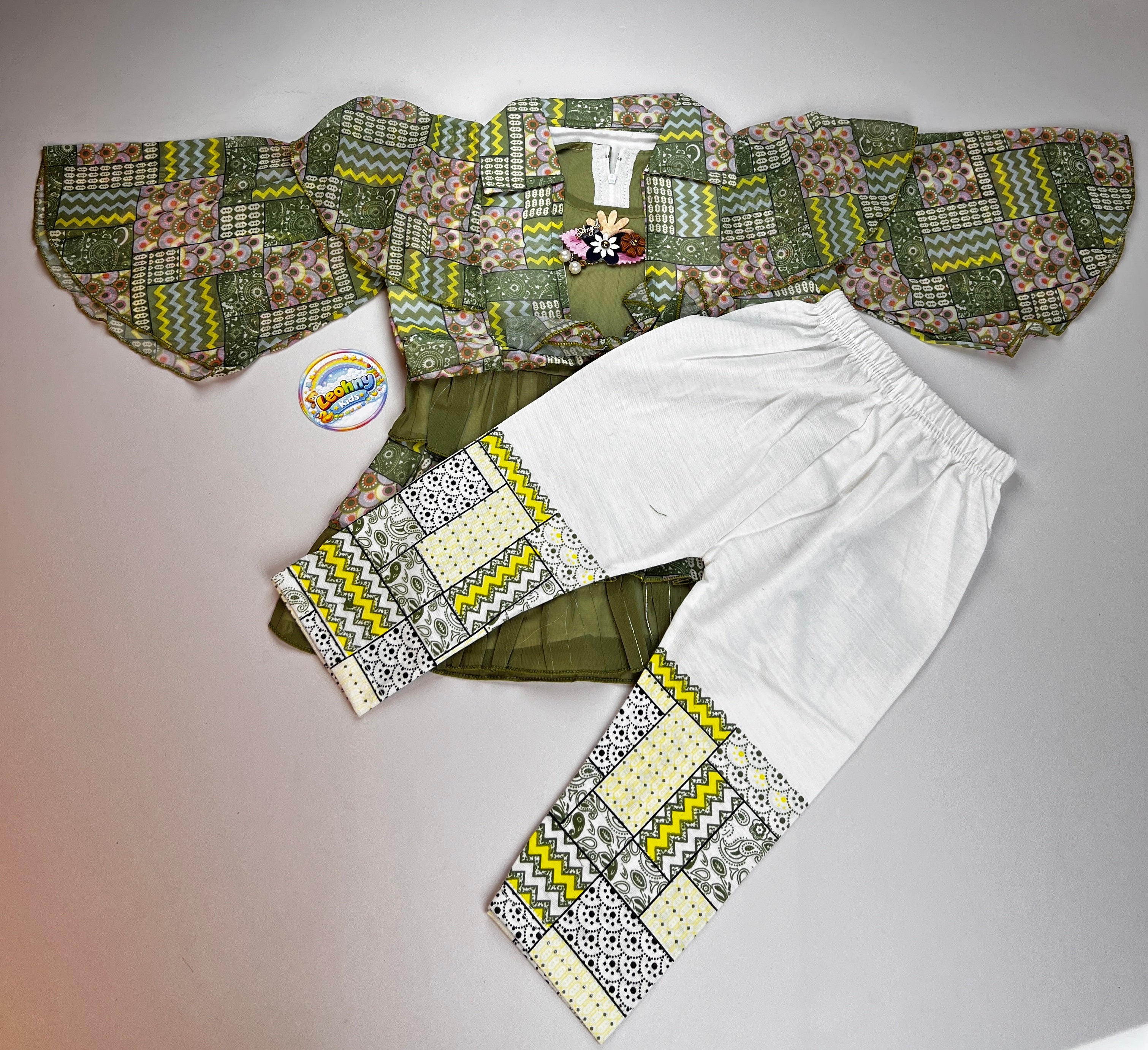 3-Piece Ruffle Tiered Dress Set – Elegant Patterned Party Wear for Girls