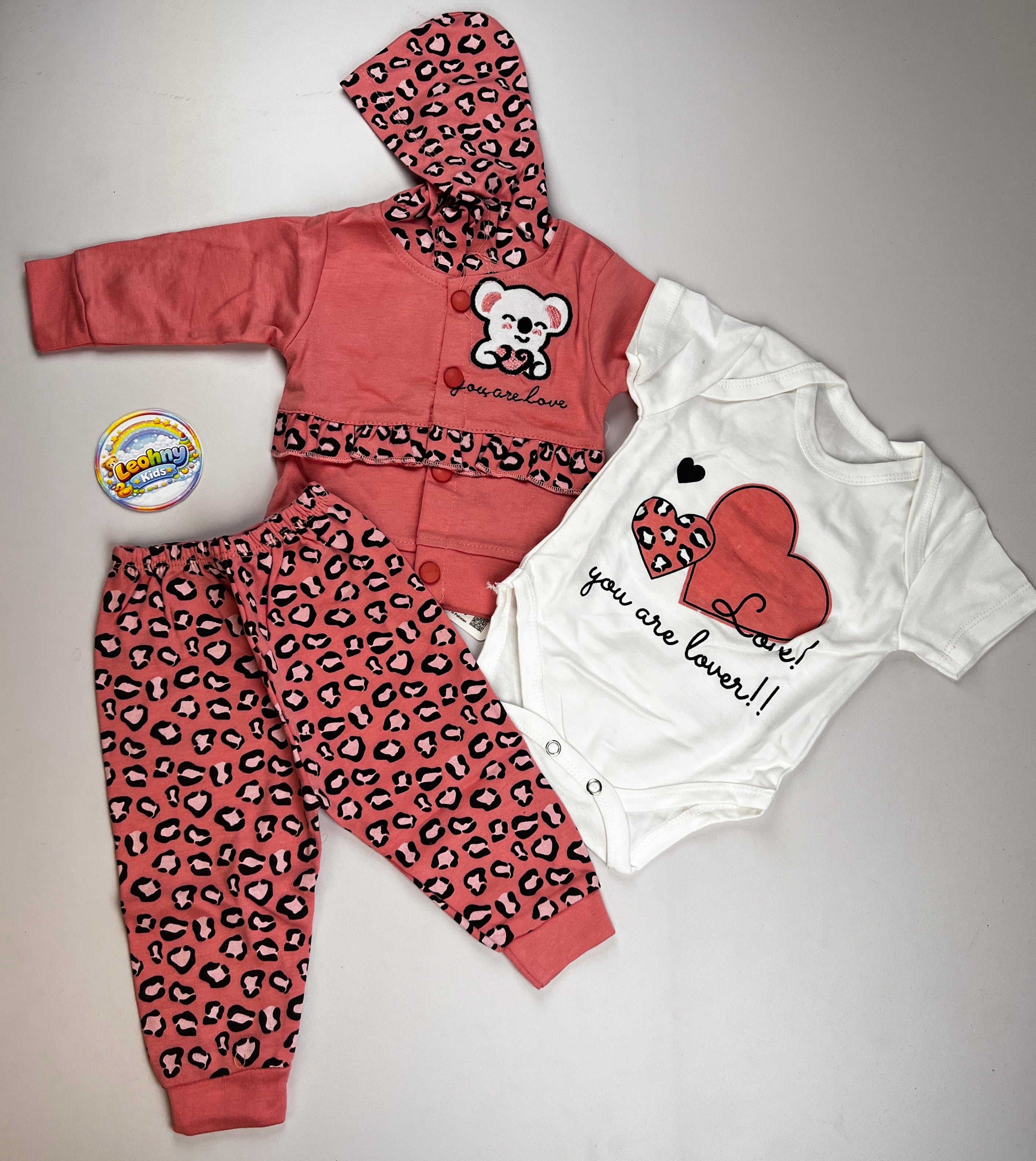 3-Piece Baby Set – Hooded Jacket, Romper & Leopard Print Joggers