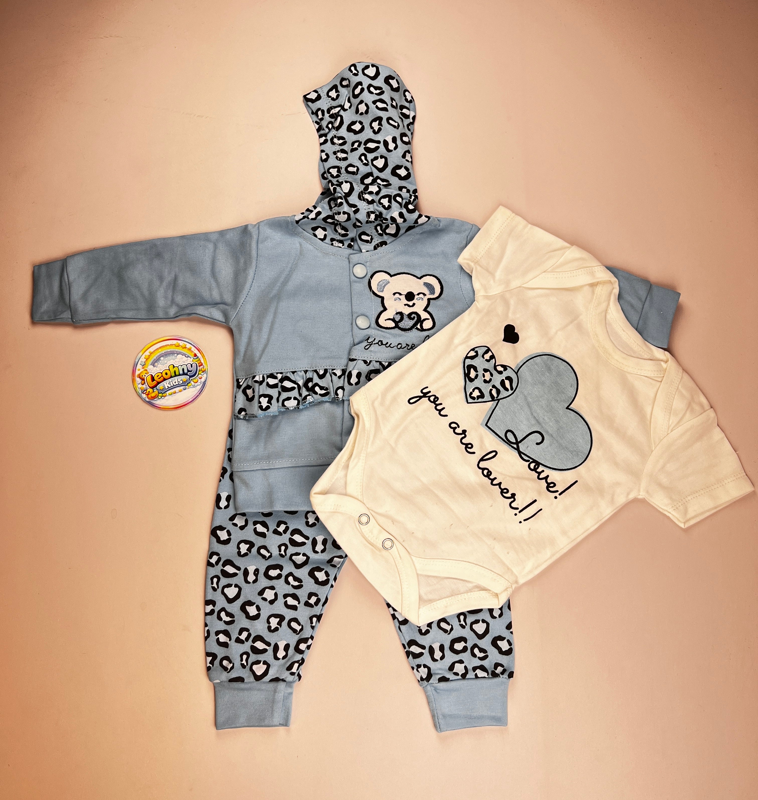 3-Piece Baby Set – Hooded Jacket, Romper & Leopard Print Joggers