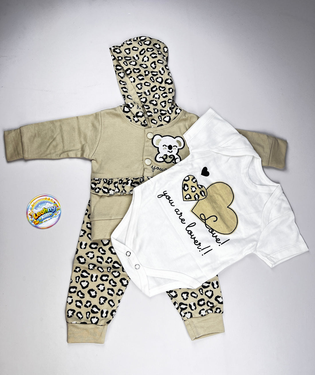 3-Piece Baby Set – Hooded Jacket, Romper & Leopard Print Joggers