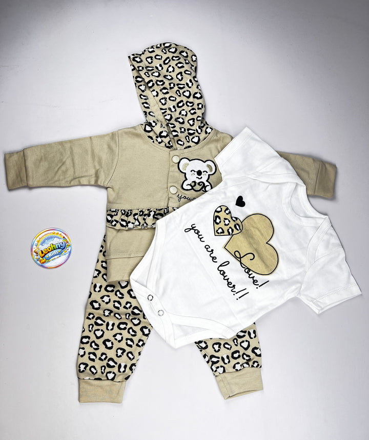 3-Piece Baby Set – Hooded Jacket, Romper & Leopard Print Joggers