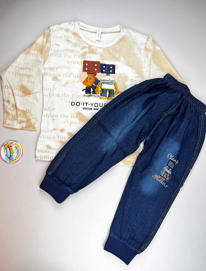 Boys' 2-Piece Set – Graphic Long-Sleeve Top & Denim Joggers