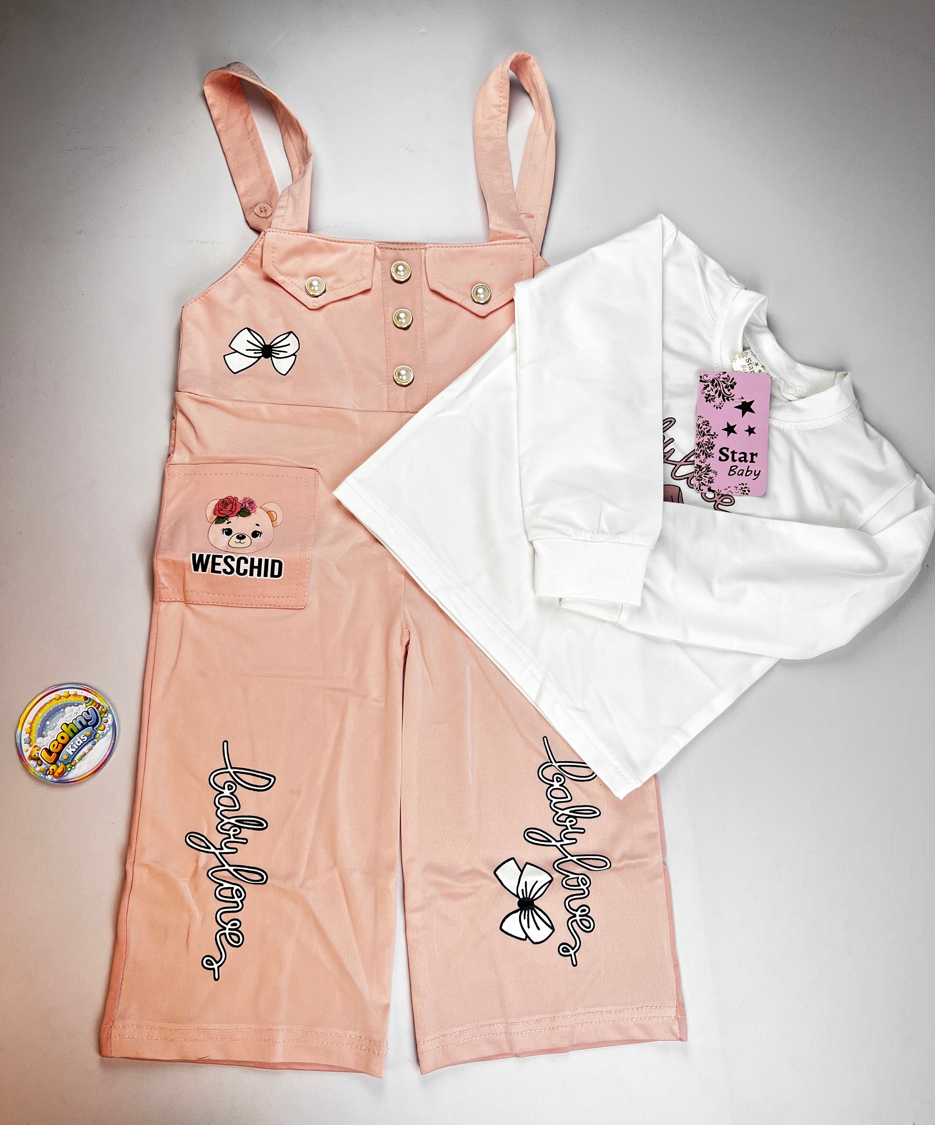 Star Baby "Baby Love" 2-Piece Set – Peach Corduroy Dungarees & Long-Sleeve Top