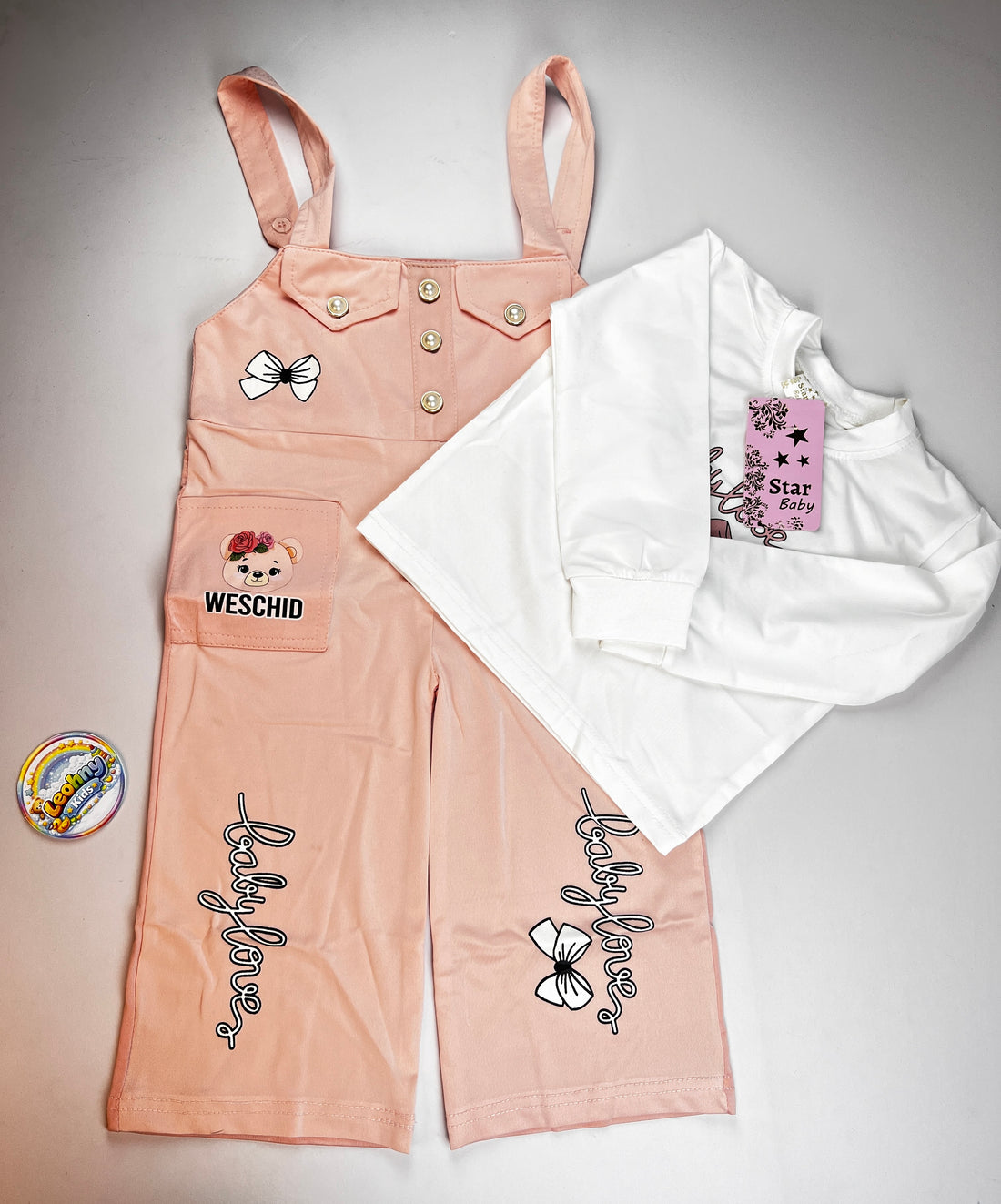 Star Baby "Baby Love" 2-Piece Set – Peach Corduroy Dungarees & Long-Sleeve Top