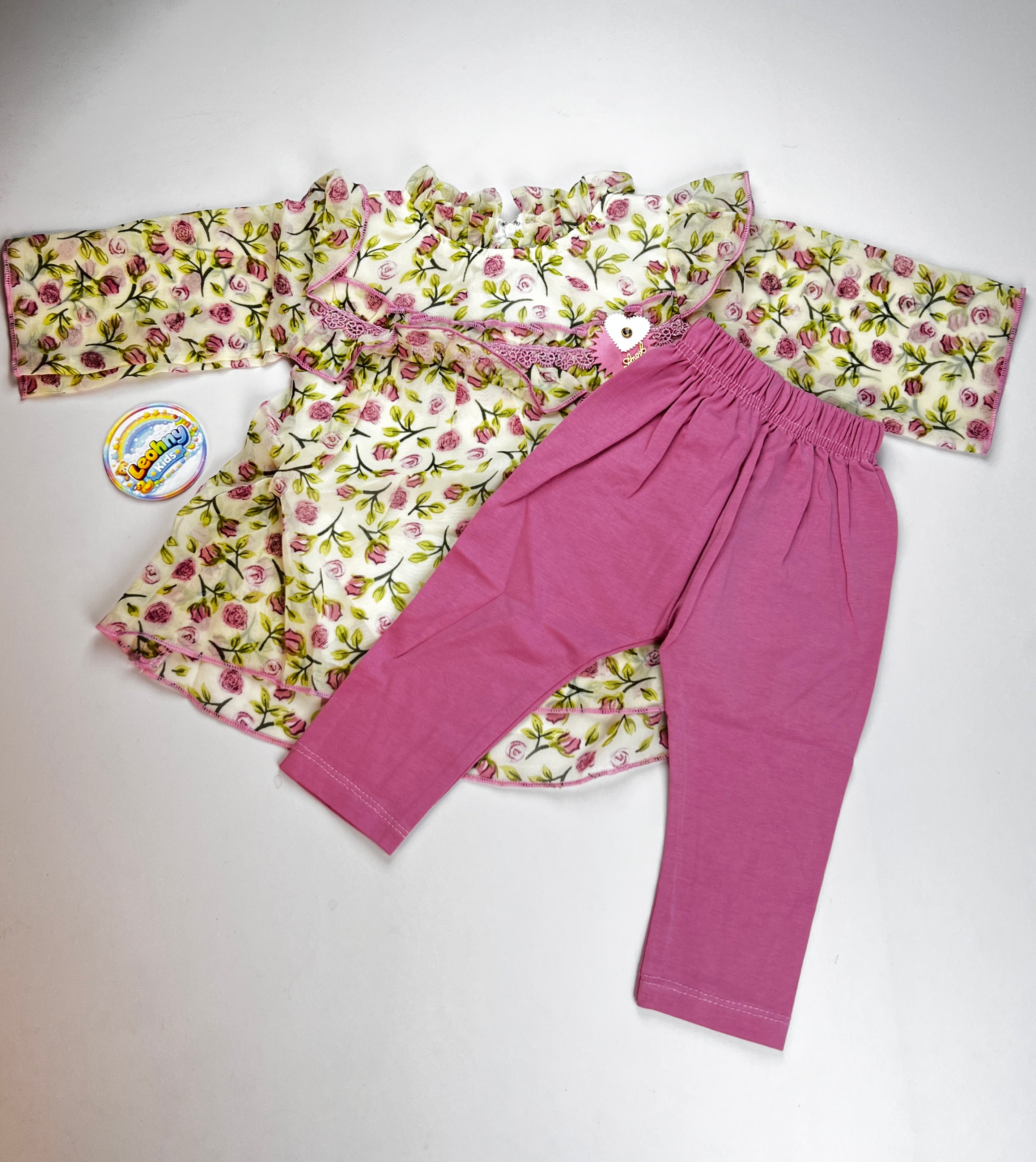 Floral Ruffle Party Dress & Leggings Set – 2-Piece Elegant Girls' Outfit